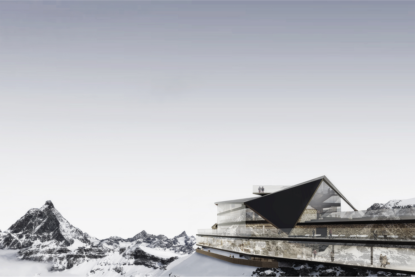 Vista su edificio polifunzionale della Stazione di Monte Plateau Rosa con dettaglio del panorama sul Monte Cervino